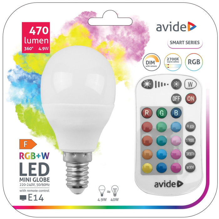 Avide LED žiarovka 4,9W E14 RGB+W SMART s ďiaľkovým IR